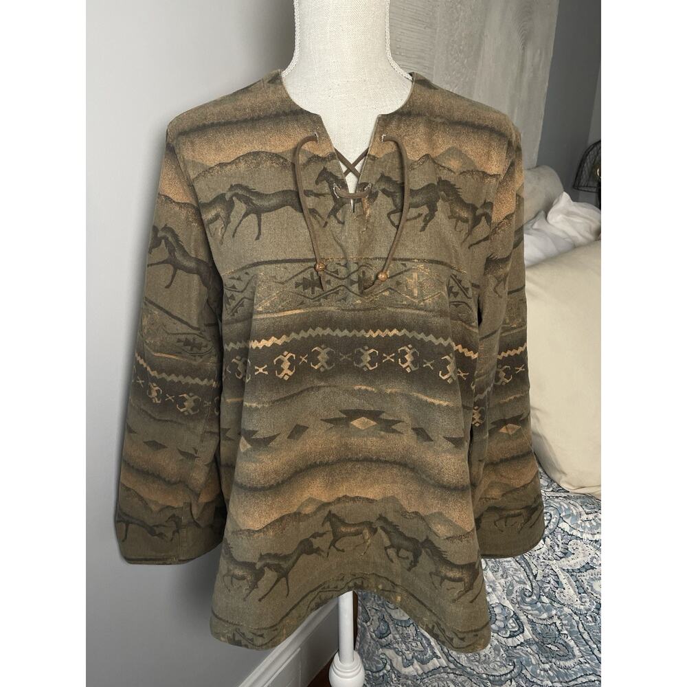 Cabelas Horse Aztec Lace Up Flannel Womens Size L Western Southwest Pullover - Picture 4 of 10